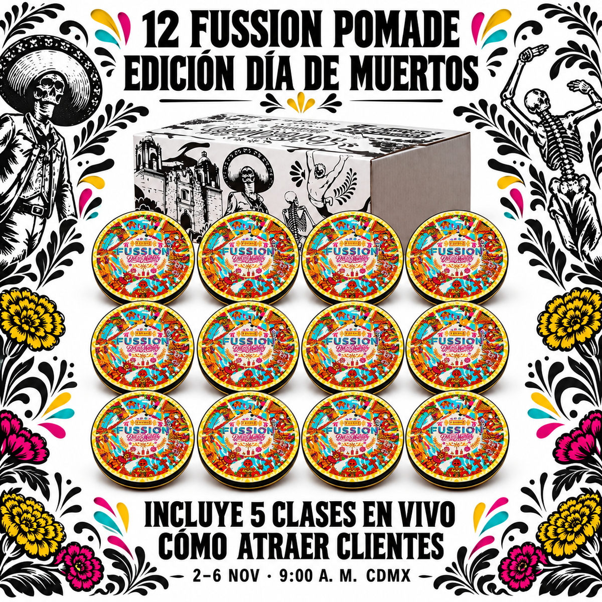 Docena de 12 Fussion Pomade edición Día de Muertos; incluye cinco clases online en vivo